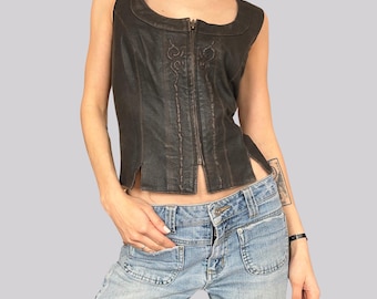 Vintage Corset Top Leather / Grey Brown / S / Meter / Real Leather / Zip