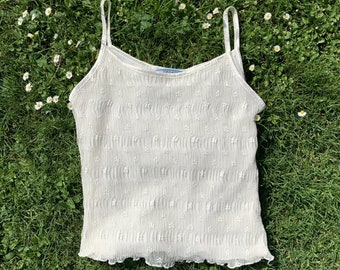 Vintage Y2K strap top mesh look / cream white / floral / L