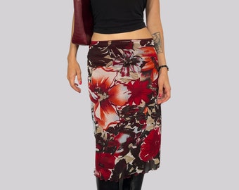 jupe midi taille basse vintage Y2K / S / Floral / Fleurs / Crème Rouge Noir / Maille / Taille Basse / Coupe Droite / Années 2000