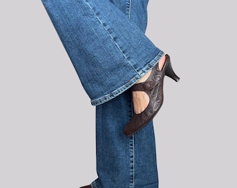 Sapatos de salto vintage em couro com fivela / Marrom / Tira no calcanhar / Tamanho EU 38