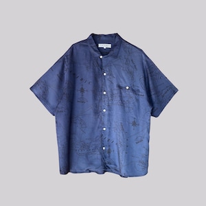 Chemise à manches courtes vintage des années 90 Airy / Bleu marine / Mètre / Viscose / Carte du monde
