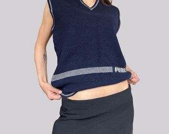 Gilet sans manches Puma vintage années 90 / Pure laine / Au mètre / Bleu marine / Tricot