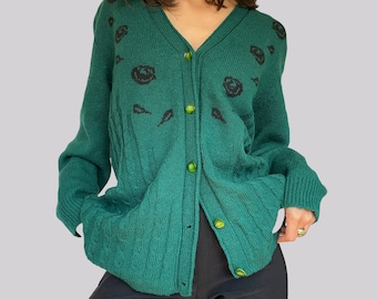 Vintage Knitted Vest Cable Knit / Embroidered / Green Black / L / Cardigan / Wool / Acrylic / Roses