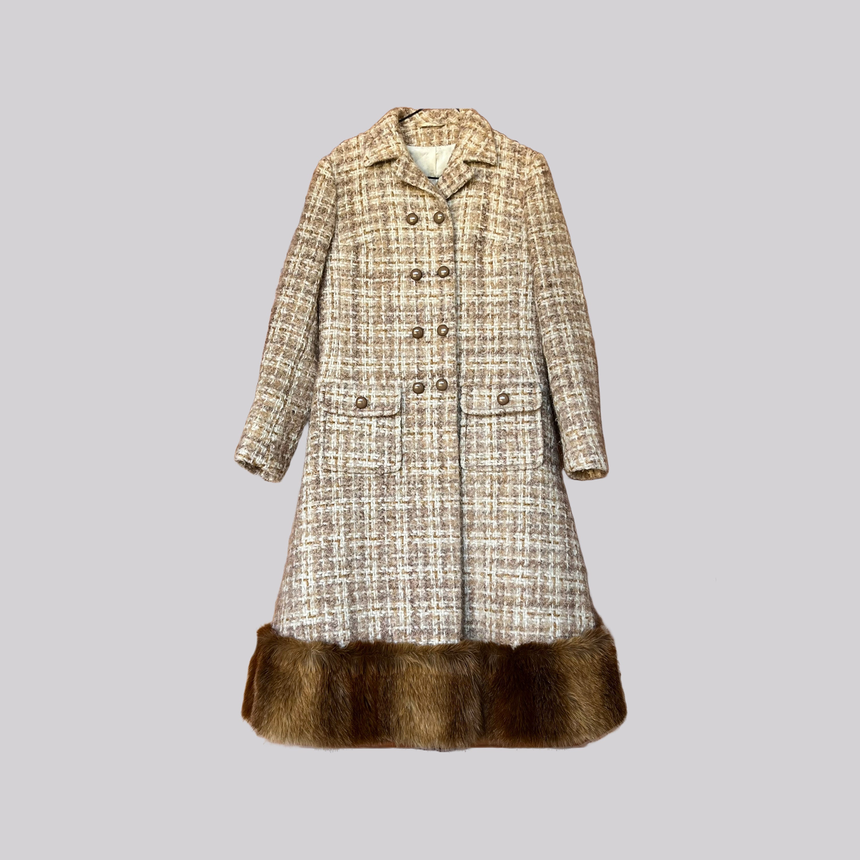 Vintage Long Wool Coat Checkered With Fake Fur / Beige Brown