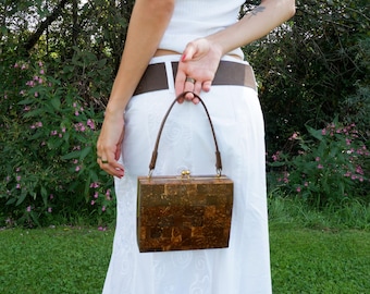 Vintage Wooden Handbag Handmade / Brown / Top Handle Bag