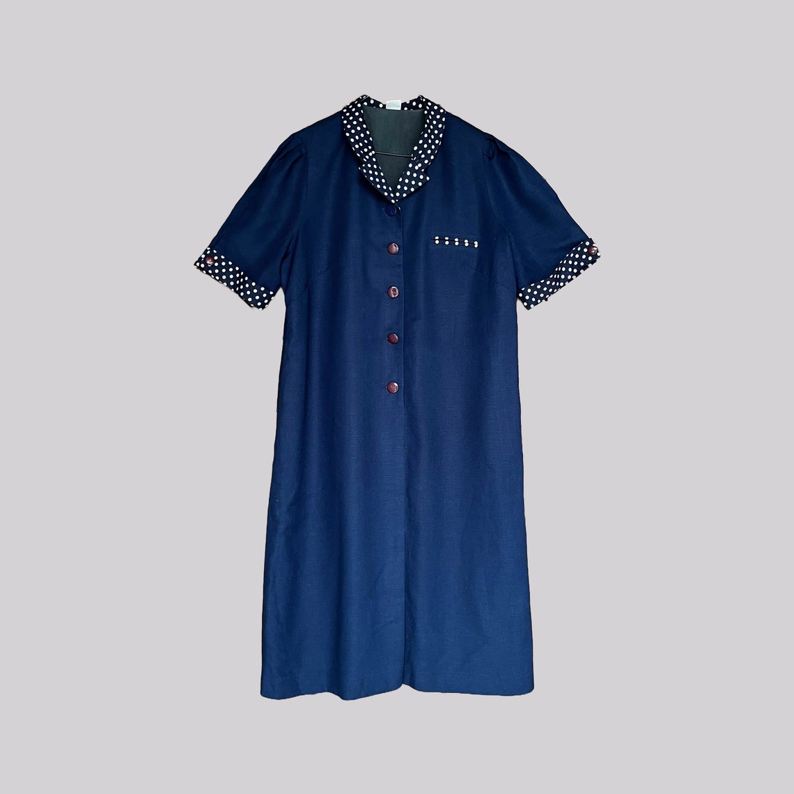 Vintage Kleid Leinengemisch Gepunktet / Marineblau Weiß / Leinen / Viskose / Größe 46 / XL, foto 1 di 3