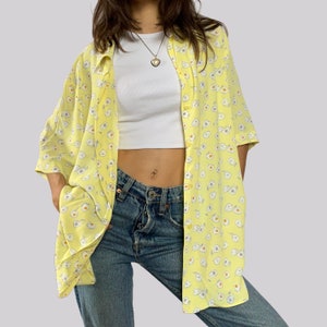 Vintage 80s blouse short sleeve with flowers / yellow white / L