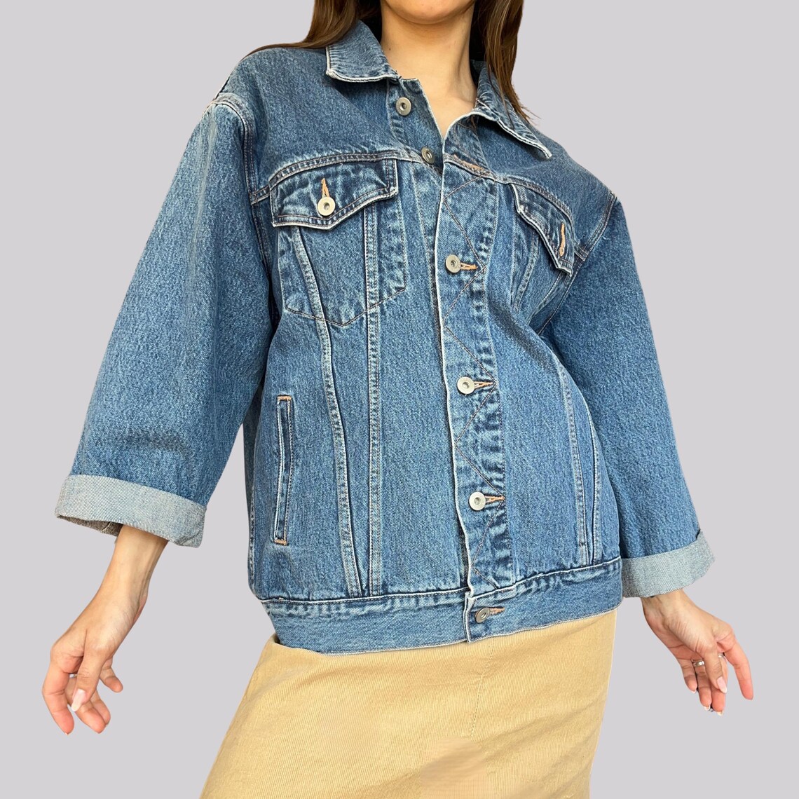 Vintage Y2K Jeansjacke Dreiviertelärmel / Denim Blau / L / Baumwolle, foto 1 di 5