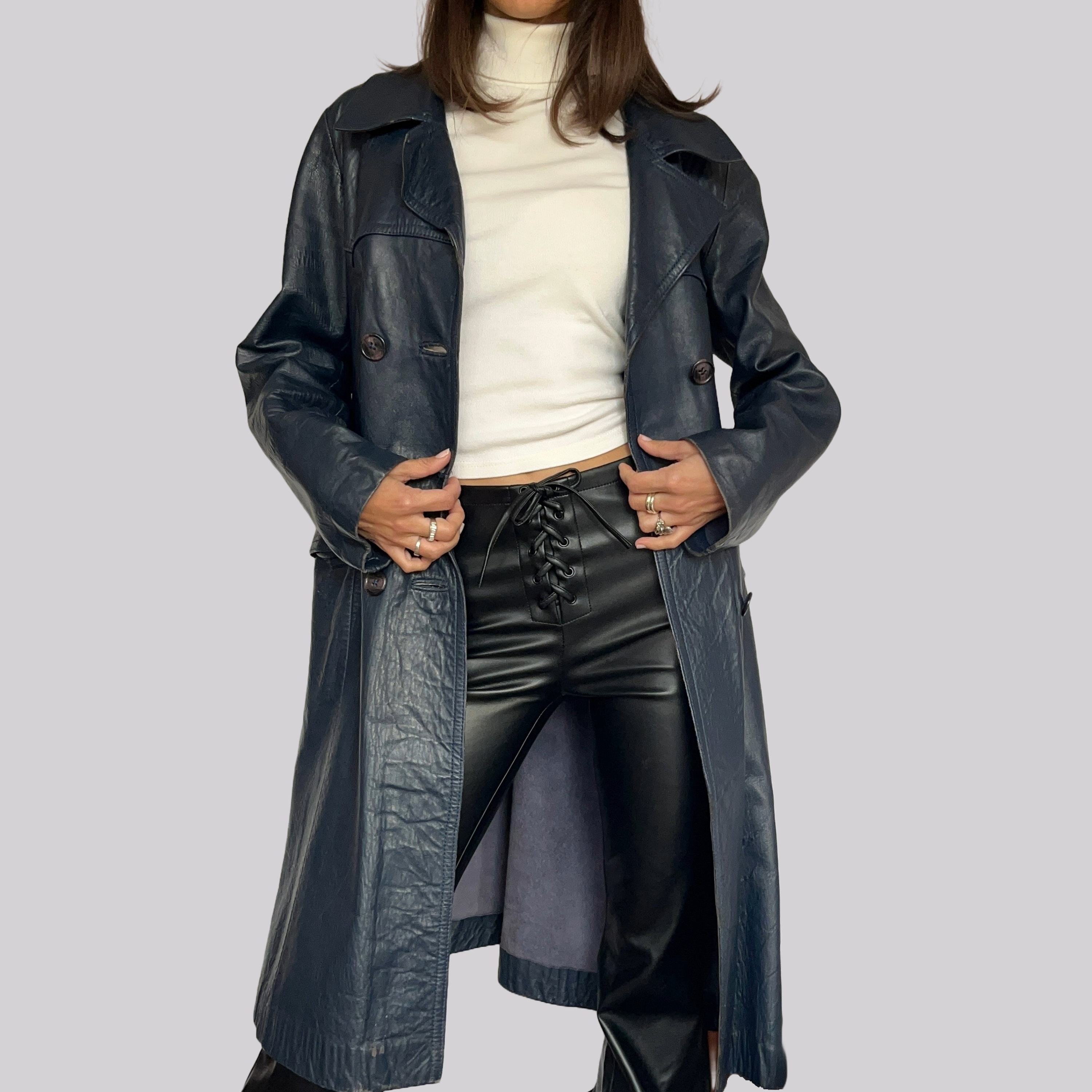 Mens long shop leather trench coat