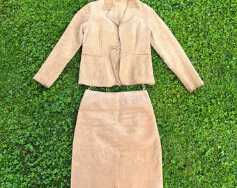 Vintage costume two-piece genuine leather / beige brown / XS / S / suede / skirt / jacket blazer / leather