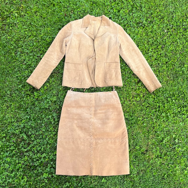 Vintage Kostüm Zweiteiler Echtleder / Beige Braun / XS / S / Wildleder / Rock / Jacke Blazer / Leder