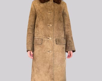 Cappotto vintage in pelle con pelliccia sintetica / beige marrone / metro / cappotto invernale