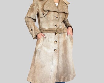 Trench in pelle vintage anni '70 in camoscio / marrone chiaro / metro / vera pelle / con cintura