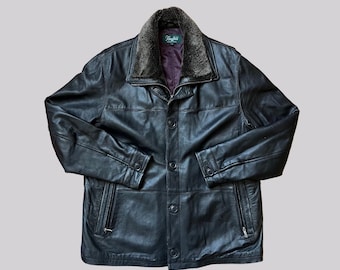Vintage leather jacket, lambskin nappa / faux fur collar / black / used look / XL / size 54