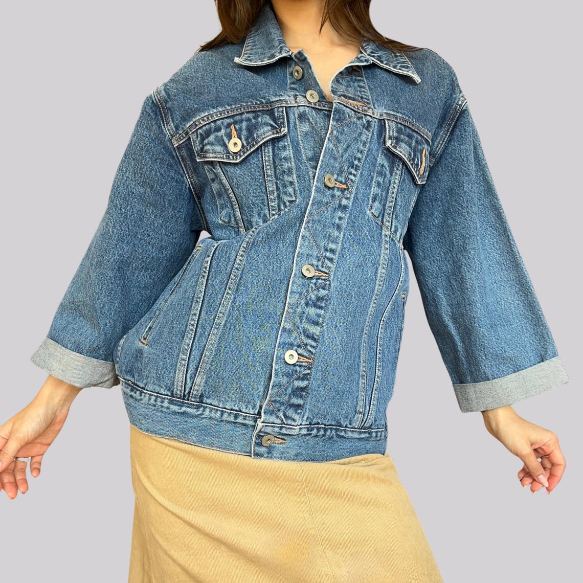 Vintage Y2K Jeansjacke Dreiviertelärmel / Denim Blau / L / Baumwolle, foto 4 di 5