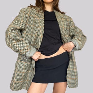 Vintage wollen blazer / Maat L / Zuivere nieuwe wol / Groen Bruin Blauw / Pied-de-poulepatroon