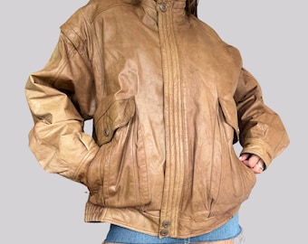 Vintage 80s/90s leather bomber jacket / Brown / XL / Size 54 / Lined / Genuine leather