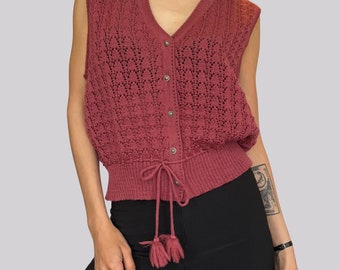 Gilet Gilet Vintage Tricoté / Gilet Pull / Laine / Laine Vierge / L / XL / Marron Rouge / Rouge Bourgogne / Gilet Tricoté / Taille 46