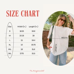 May include: White t-shirt with size chart, including width and length measurements in inches. The chart lists sizes S through 3XL. The text "SIZE CHART" is in red. The HoneymoonEdit logo is at the bottom.