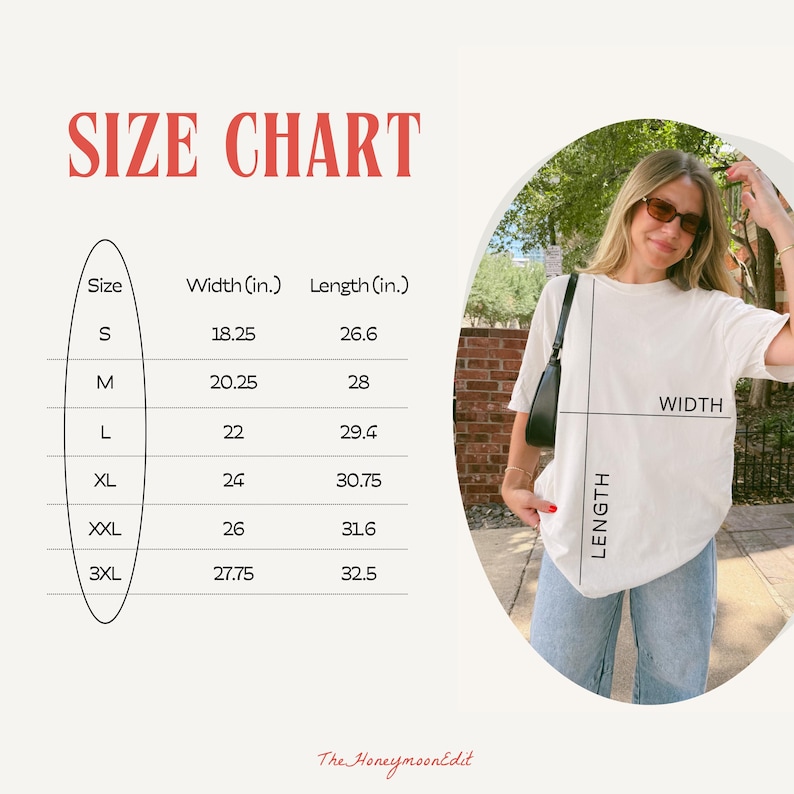 May include: White t-shirt with size chart, including width and length measurements in inches. The chart lists sizes S through 3XL. The text "SIZE CHART" is in red. The HoneymoonEdit logo is at the bottom.