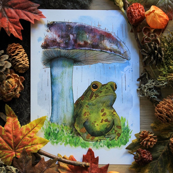 Illustration aquarelle A5, impression d'art - Automne cosy champignon et crapaud, goblincore aesthetic