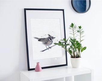 Impresión de Herrerillo capuchino en papel acuarela, regalo con aves, pintura, decoración con pájaros