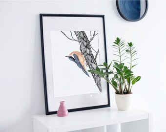 Nuthatch print on watercolor paper or linen with real tree bark