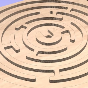 May include: A wooden circular maze with a complex pattern of paths and walls. The maze is designed to be solved by navigating a small ball or marble through the intricate pathways.