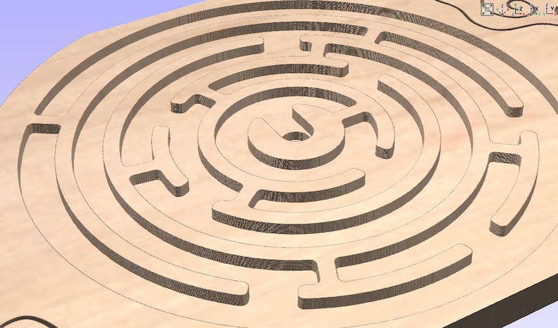 May include: A wooden circular maze with a complex pattern of paths and walls. The maze is designed to be solved by navigating a small ball or marble through the intricate pathways.