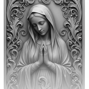May include: A grayscale relief carving of a woman with a draped head covering, hands clasped in prayer. The figure is framed by ornate, swirling floral and foliate designs. The artwork has a soft, diffused lighting effect, creating a sense of serenity and reverence.