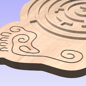 May include: Wooden maze puzzle shaped like a footprint with a circular maze in the center.
