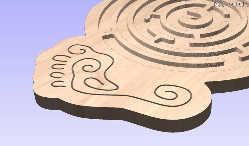 May include: Wooden maze puzzle shaped like a footprint with a circular maze in the center.
