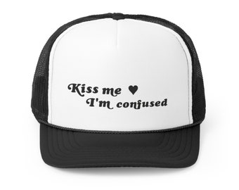 Kiss Me I'm Confused Trucker Caps, y2k Trucker Hat, Classic Snapback, 2000s era Hat, Sorority Hat, College Party Cap