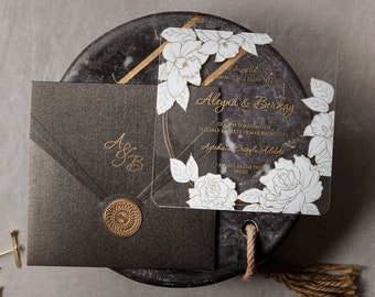 Acrylic Wedding Invitations, White Flovers and Gold Foil Print, Gray Envelope Clear Invitation