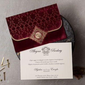 Wedding Invitation with Velvet Envelope, Burgundy and Gold Invitation