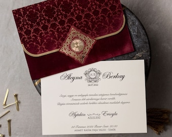 Wedding Invitation with Velvet Envelope, Burgundy and Gold Invitation