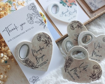 Personalised wedding favors, bottle opener magnet with thank you tag card