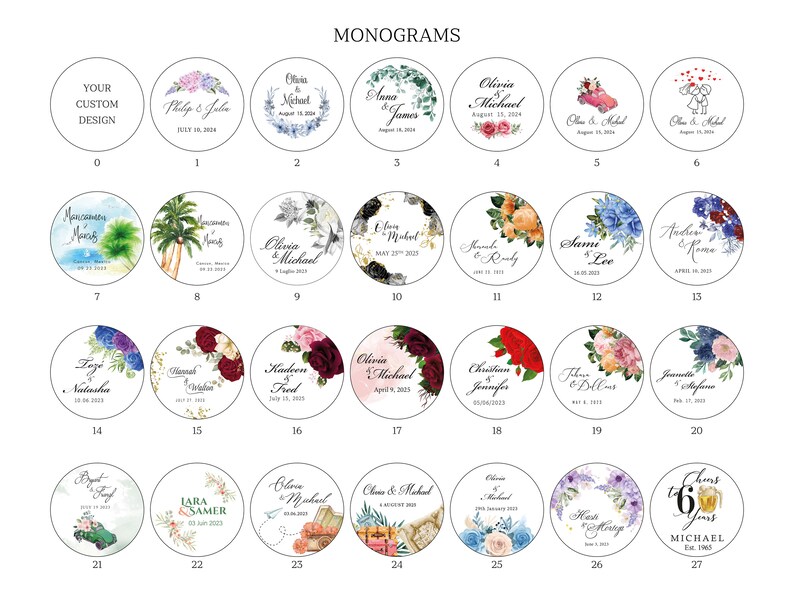 May include: A set of 27 round, white, personalized wedding favor stickers with various floral, tropical, and car designs. Each sticker features a couple's names and wedding date.