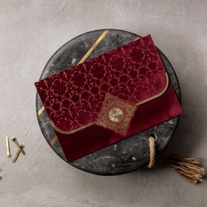 Wedding Invitation with Velvet Envelope, Burgundy and Gold Invitation image 2