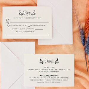 May include: A white RSVP card with black text and a floral design. The text reads "RSVP" and "Kindly reply by October 25th, 2024". There are two circles with the text "Accepts with pleasure" and "Declines with regret". Below the circles is a line for the number of guests attending and a line for dietary requirements.