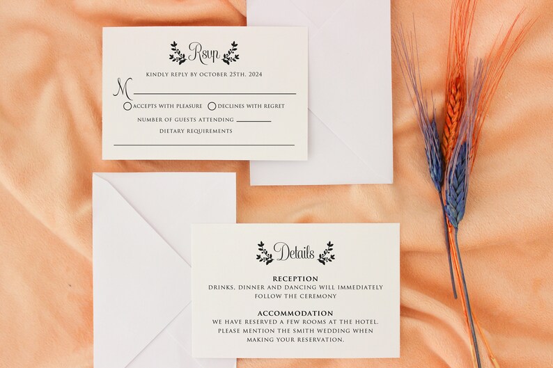 May include: A white RSVP card with black text and a floral design. The text reads "RSVP" and "Kindly reply by October 25th, 2024". There are two circles with the text "Accepts with pleasure" and "Declines with regret". Below the circles is a line for the number of guests attending and a line for dietary requirements.