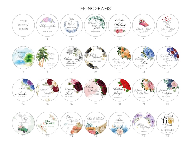 Pode incluir: Um conjunto de 27 adesivos redondos, brancos e personalizados para lembrancinhas de casamento com v&aacute;rios desenhos florais, tropicais e de carros. Cada adesivo apresenta os nomes do casal e a data do casamento.