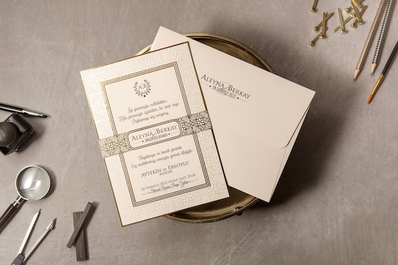 Gold Framed Wedding Invitation , White envelope and Invitation set