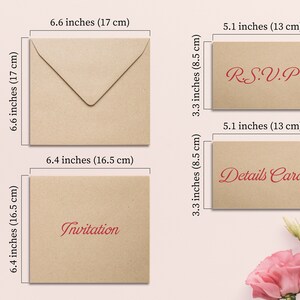 May include: Kraft paper invitation suite with dimensions labeled in inches. Includes an envelope (6.6 x 6.6 inches), invitation card (6.4 x 6.4 inches), RSVP card (5.1 x 3.3 inches), and details card (5.1 x 3.3 inches). Red text reads "Invitation", "R.S.V.P", and "Details Card".