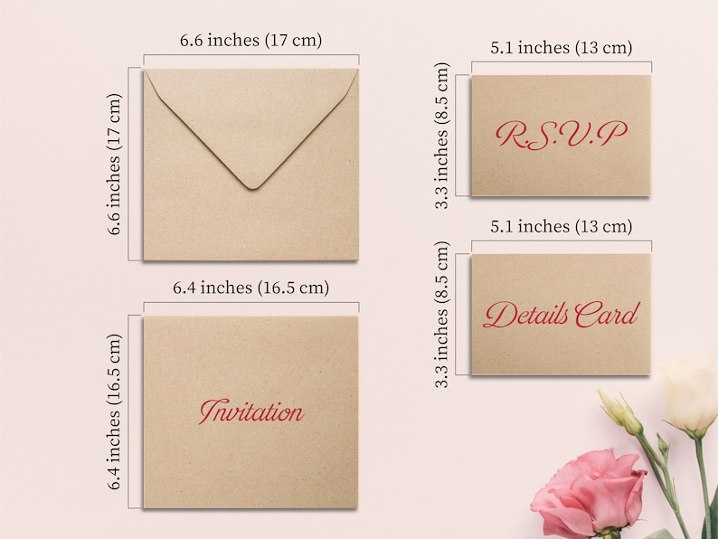 May include: Kraft paper invitation suite with dimensions labeled in inches. Includes an envelope (6.6 x 6.6 inches), invitation card (6.4 x 6.4 inches), RSVP card (5.1 x 3.3 inches), and details card (5.1 x 3.3 inches). Red text reads "Invitation", "R.S.V.P", and "Details Card".