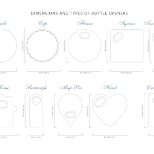 Pode incluir: Um diagrama que mostra diferentes formas e tamanhos de abridores de garrafas. As formas incluem um c&iacute;rculo, uma tampa, uma flor, um quadrado, uma raquete de t&ecirc;nis, uma casa, um ret&acirc;ngulo, um alfinete, um cora&ccedil;&atilde;o e um cart&atilde;o de cr&eacute;dito. As dimens&otilde;es de cada forma s&atilde;o listadas em cent&iacute;metros.