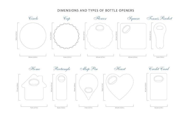 Pode incluir: Um diagrama que mostra diferentes formas e tamanhos de abridores de garrafas. As formas incluem um c&iacute;rculo, uma tampa, uma flor, um quadrado, uma raquete de t&ecirc;nis, uma casa, um ret&acirc;ngulo, um alfinete, um cora&ccedil;&atilde;o e um cart&atilde;o de cr&eacute;dito. As dimens&otilde;es de cada forma s&atilde;o listadas em cent&iacute;metros.