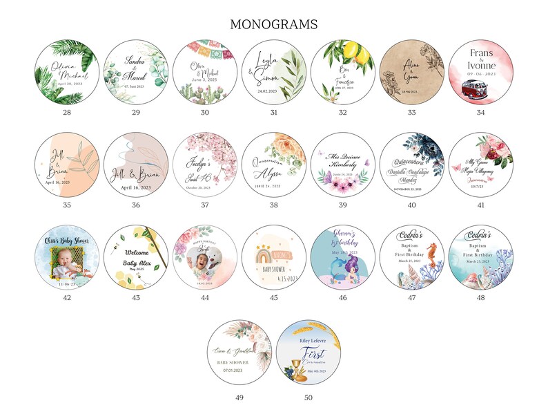 May include: Fifty round, colorful, personalized stickers with various designs and text. The stickers feature floral, animal, and geometric patterns. Some stickers include names, dates, and special occasions like birthdays, baptisms, and baby showers.