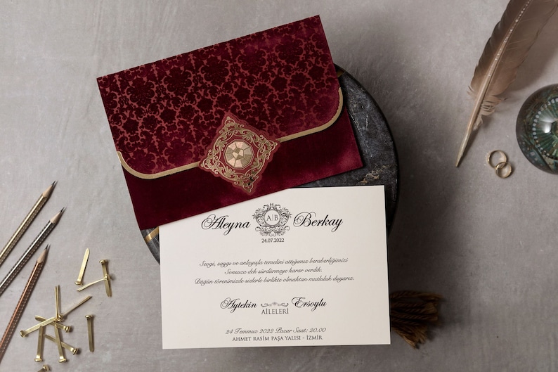Wedding Invitation with Velvet Envelope, Burgundy and Gold Invitation image 1