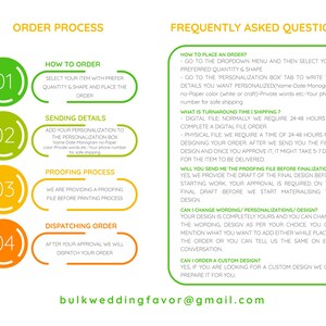 May include: A green and yellow infographic with the title "Order Process" and four steps: How to Order, Sending Details, Proofing Process, and Dispatching Order. The infographic also includes a section titled "Frequently Asked Questions" with information about placing an order, turnaround time, shipping, proofing, personalization, and custom design. The email address "bulkweddingfavor@gmail.com" is at the bottom of the infographic.